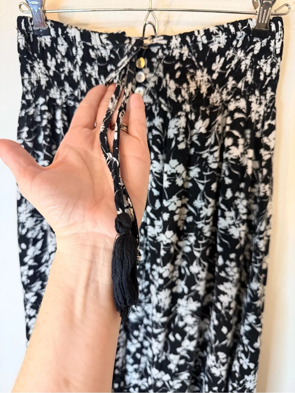 Rachel Zoe Boho Maxi Skirt  S Black Floral Smocked Waist  Button Up Cottagecore